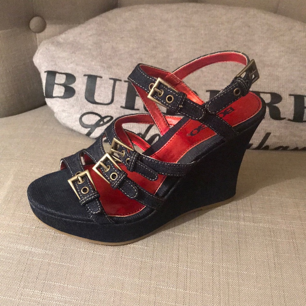 DARK DENIM WEDGE SANDALS